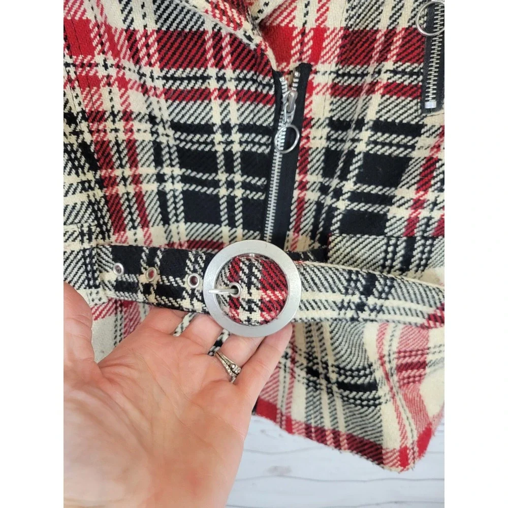 Cato Plaid Moto Jacket Belted Zip‎ Biker Chic Red Black Womens Size Large
